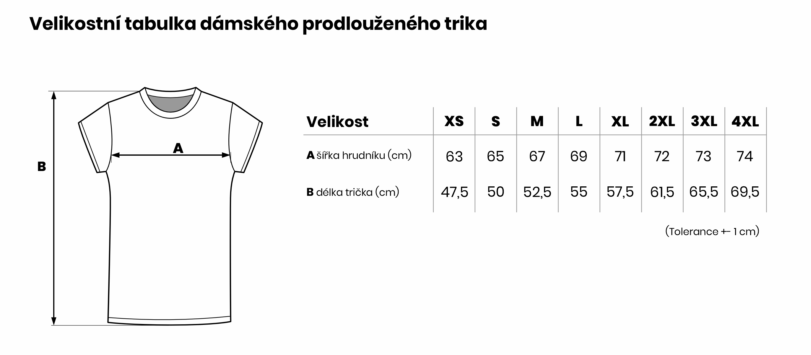 Velikostní tabulka dámského prodlouženého trika
